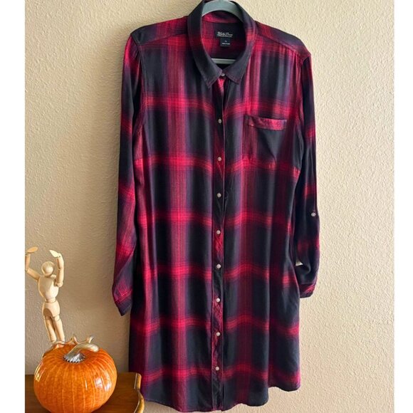 Lucky Brand Red & Black Plaid Tunic Top  XL -Convenient Slit Pockets- - Picture 2 of 15